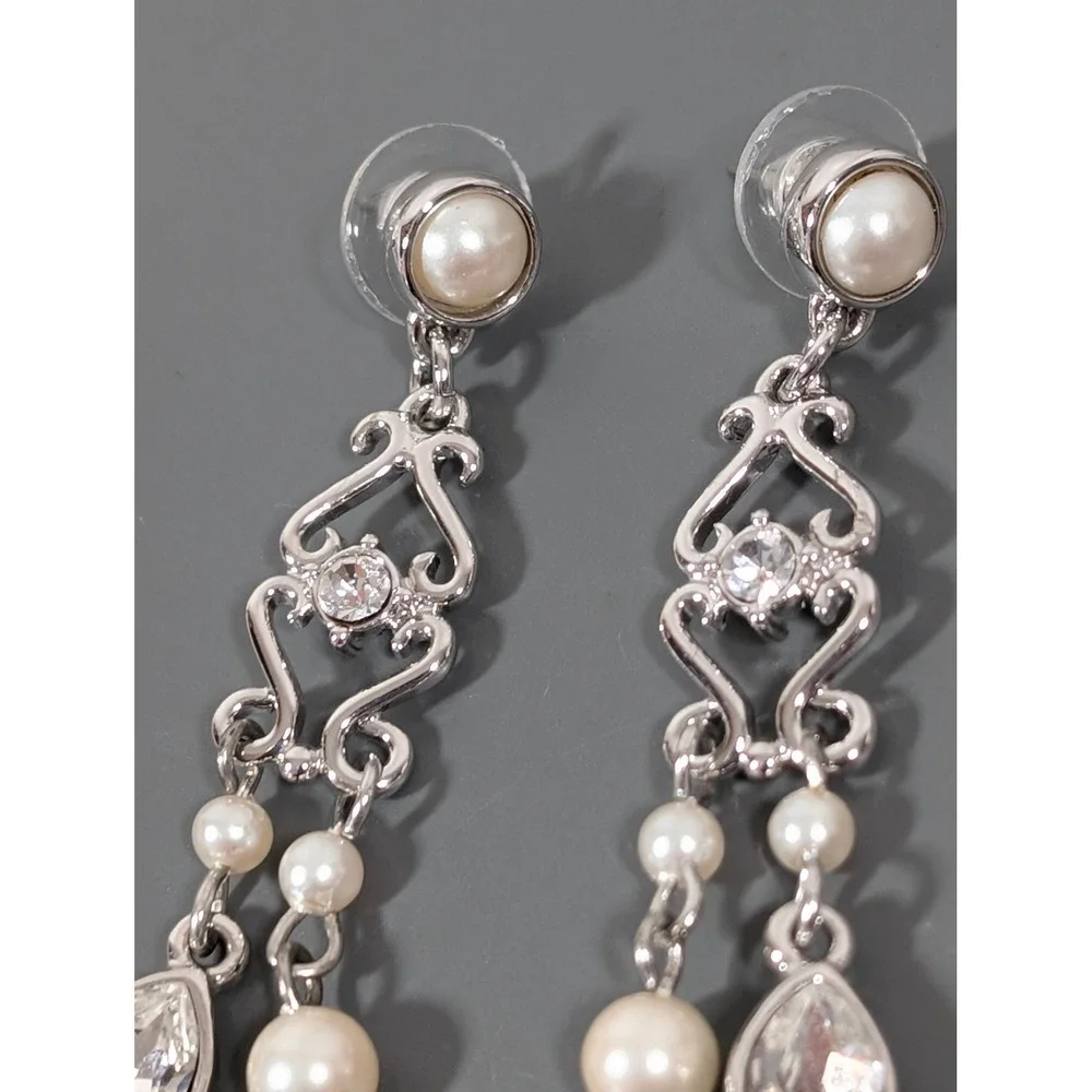 Monet Silver‎ Tone Rhinestone Faux Pearl Chandelier Drop Earrings